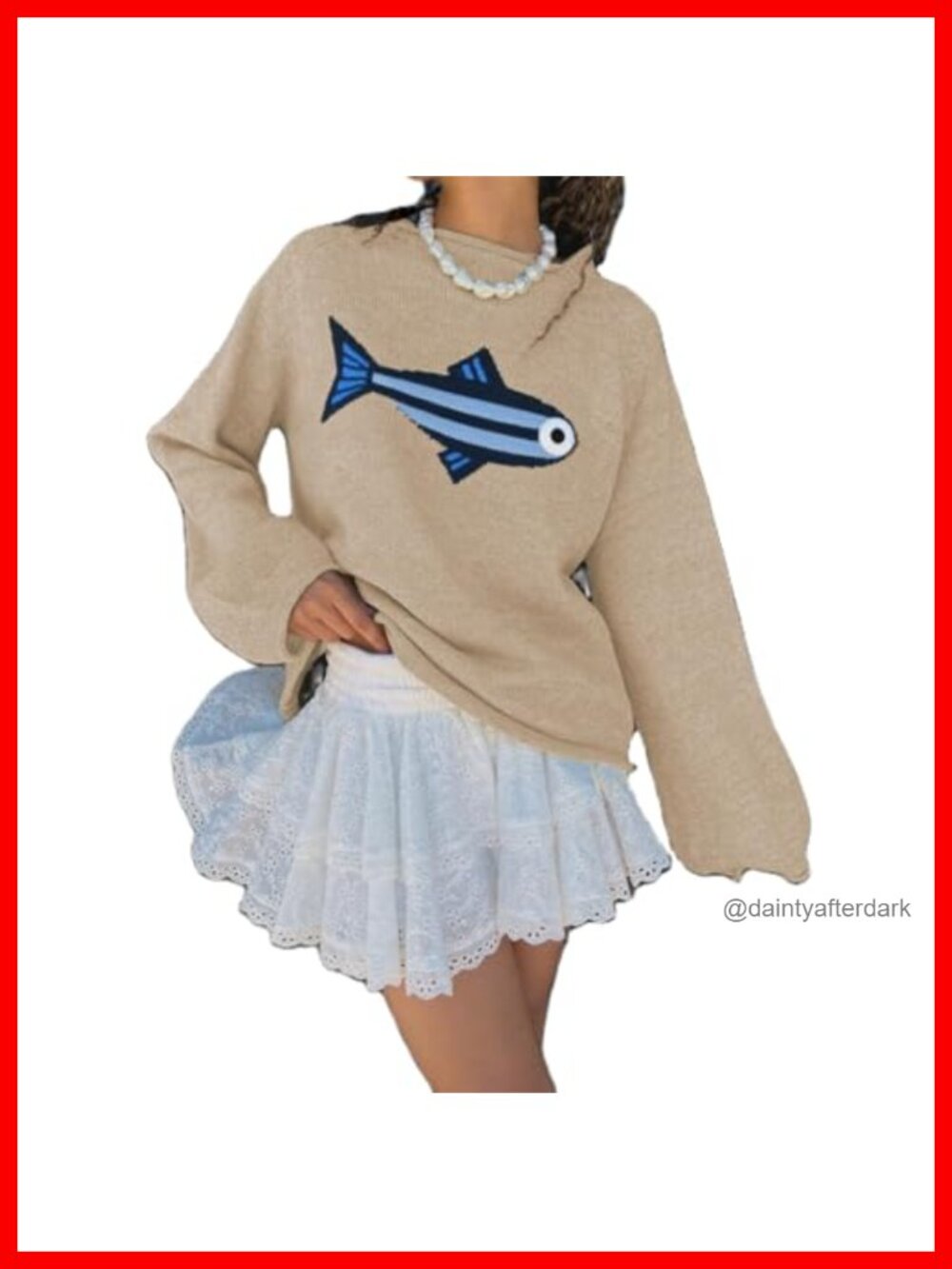 Women Rib Knit Fish Graphic Sweater Crew Neck Oversized Vintage Pullover